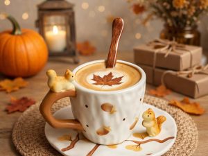 utumn Squirrel Woodland Ceramic Coffee Cup & Saucer Set – Branch Handle, Acorn & Maple Leaf Design