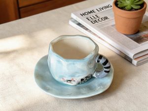Blue Cat Tail Handle Ceramic Coffee Cup & Saucer Set – Wavy Rim Sculptural Kitty Design