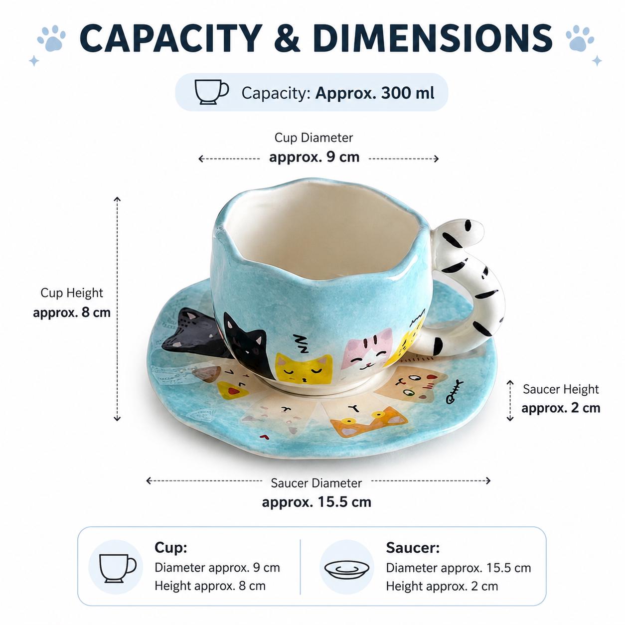 Blue Cat Tail Handle Ceramic Coffee Cup & Saucer Set – Wavy Rim Sculptural Kitty Design - Image 4