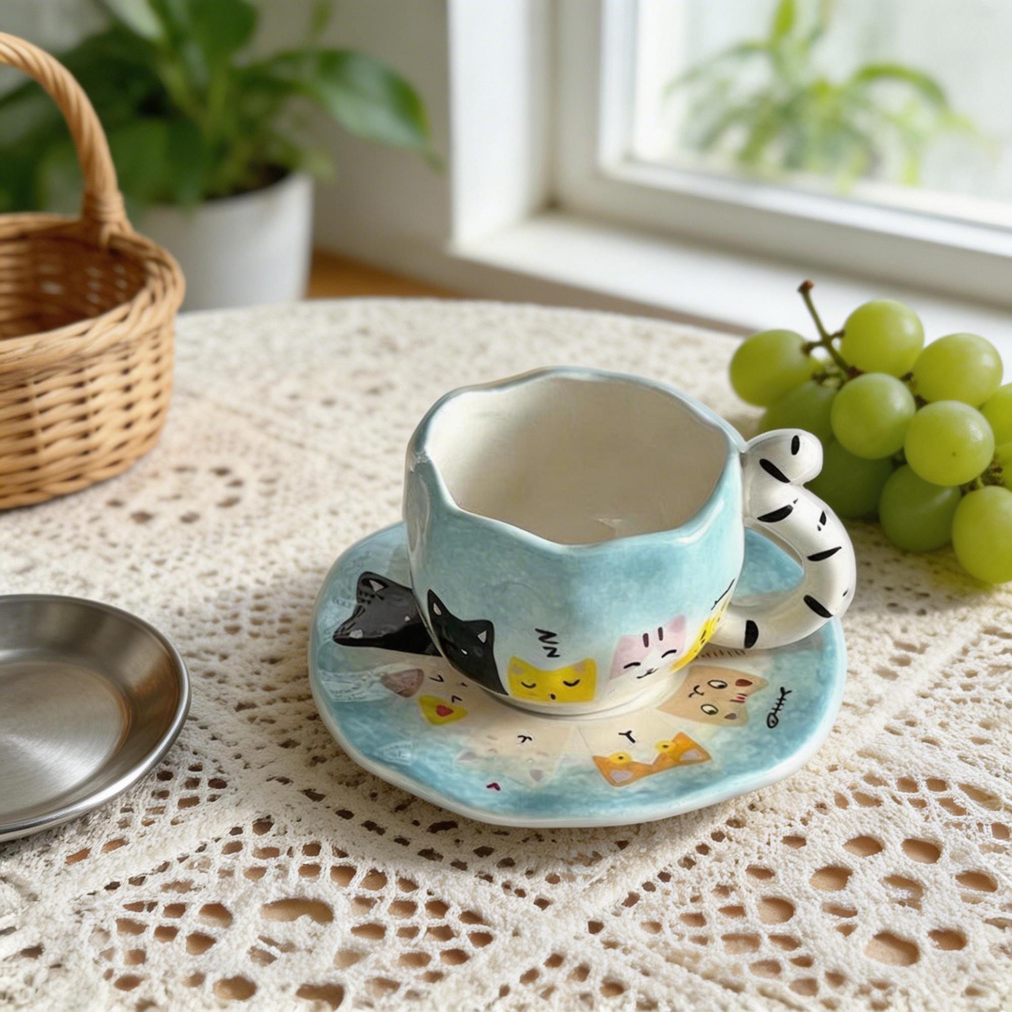 Blue Cat Tail Handle Ceramic Coffee Cup & Saucer Set – Wavy Rim Sculptural Kitty Design - Image 3