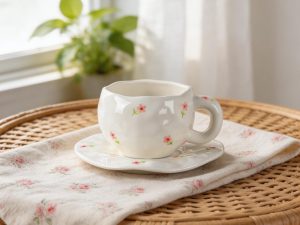 Tiny Wildflower Rounded Ceramic Coffee Cup & Embossed Petal Saucer Set – Multicolor Floral Design