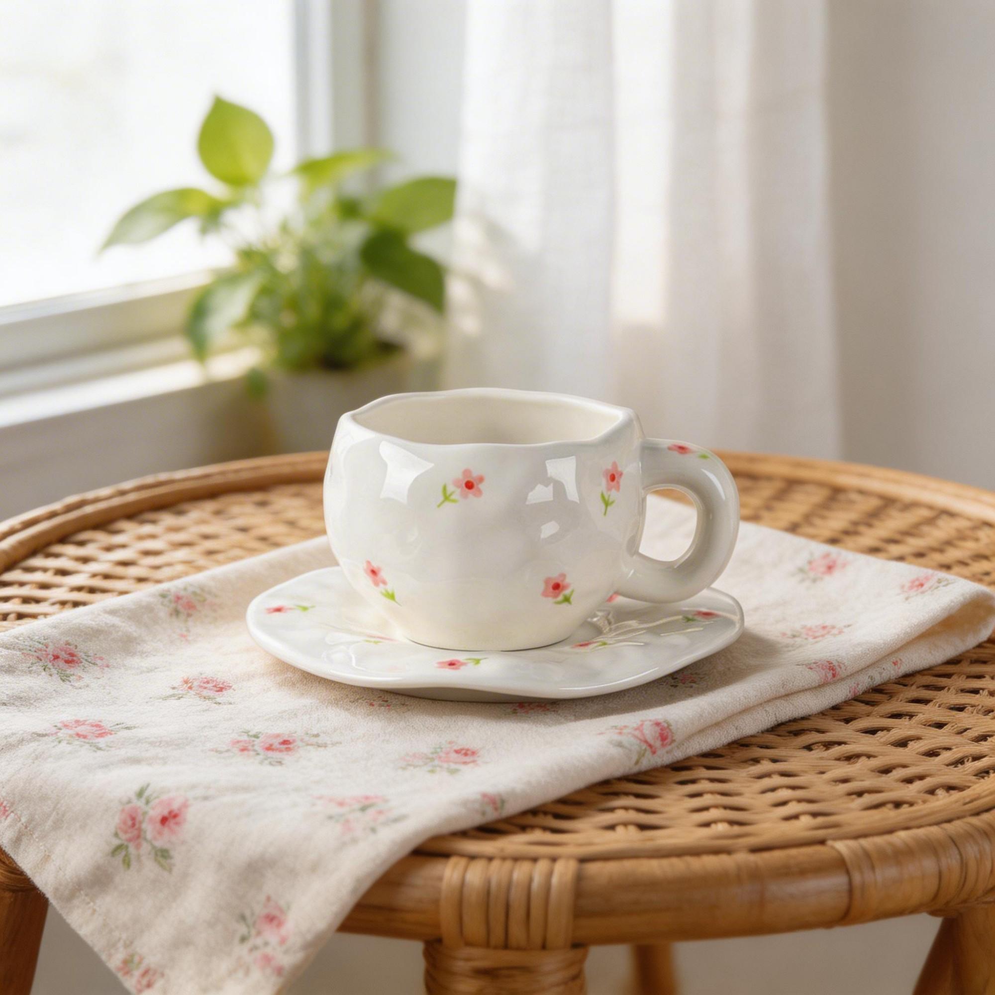 Tiny Wildflower Rounded Ceramic Coffee Cup & Embossed Petal Saucer Set – Multicolor Floral Design