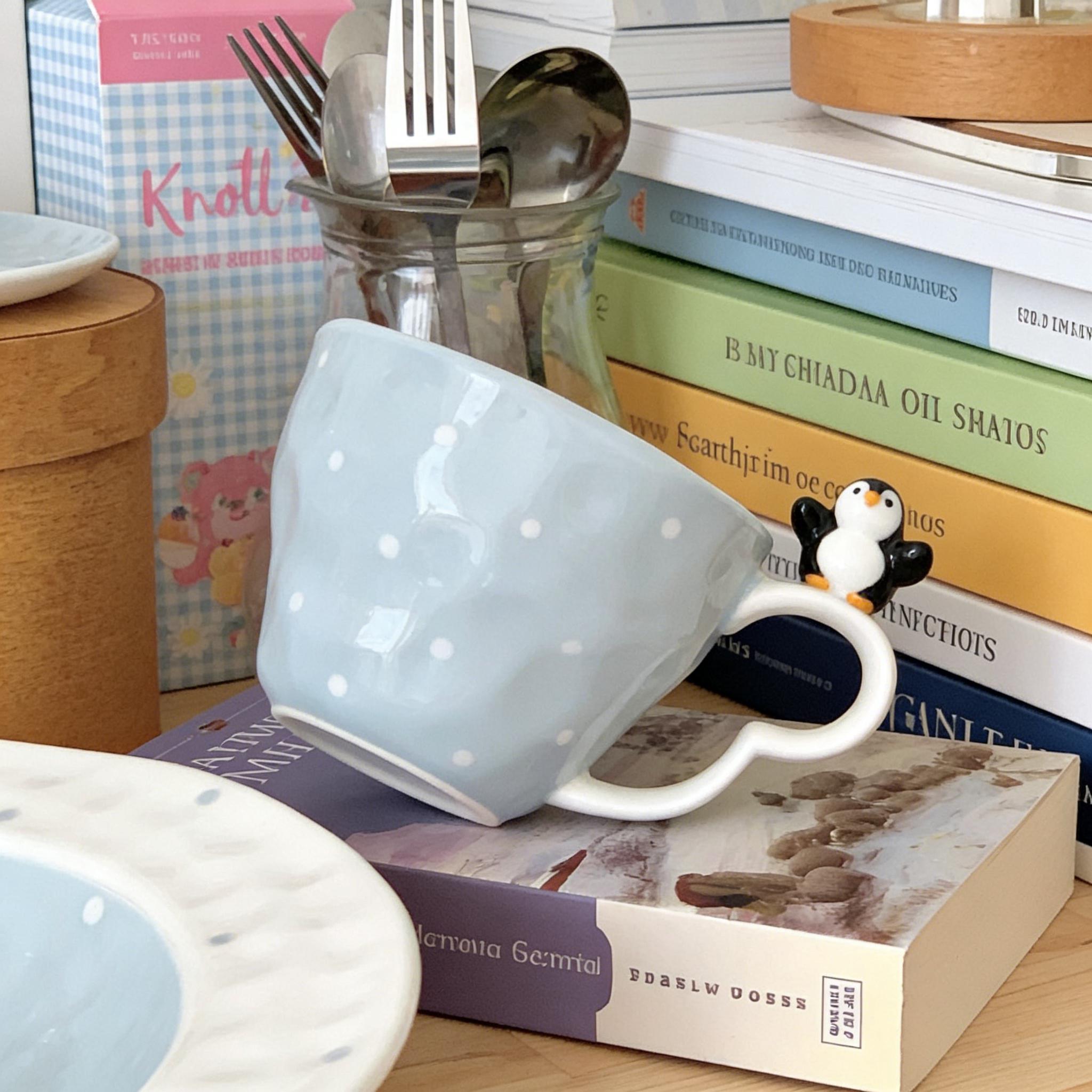 Penguin Perch Egg-Shaped Ceramic Coffee Cup & Saucer Set – 3D Penguin Handle & Saucer Design - Image 2