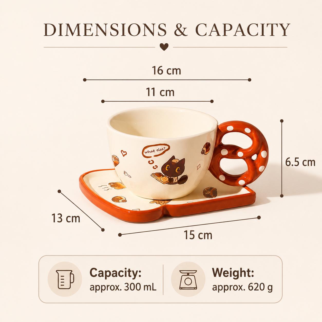 Black Cat Pretzel Handle Ceramic Coffee Cup & Saucer Set – Polka Dot Sculptural Handle Design - Image 4