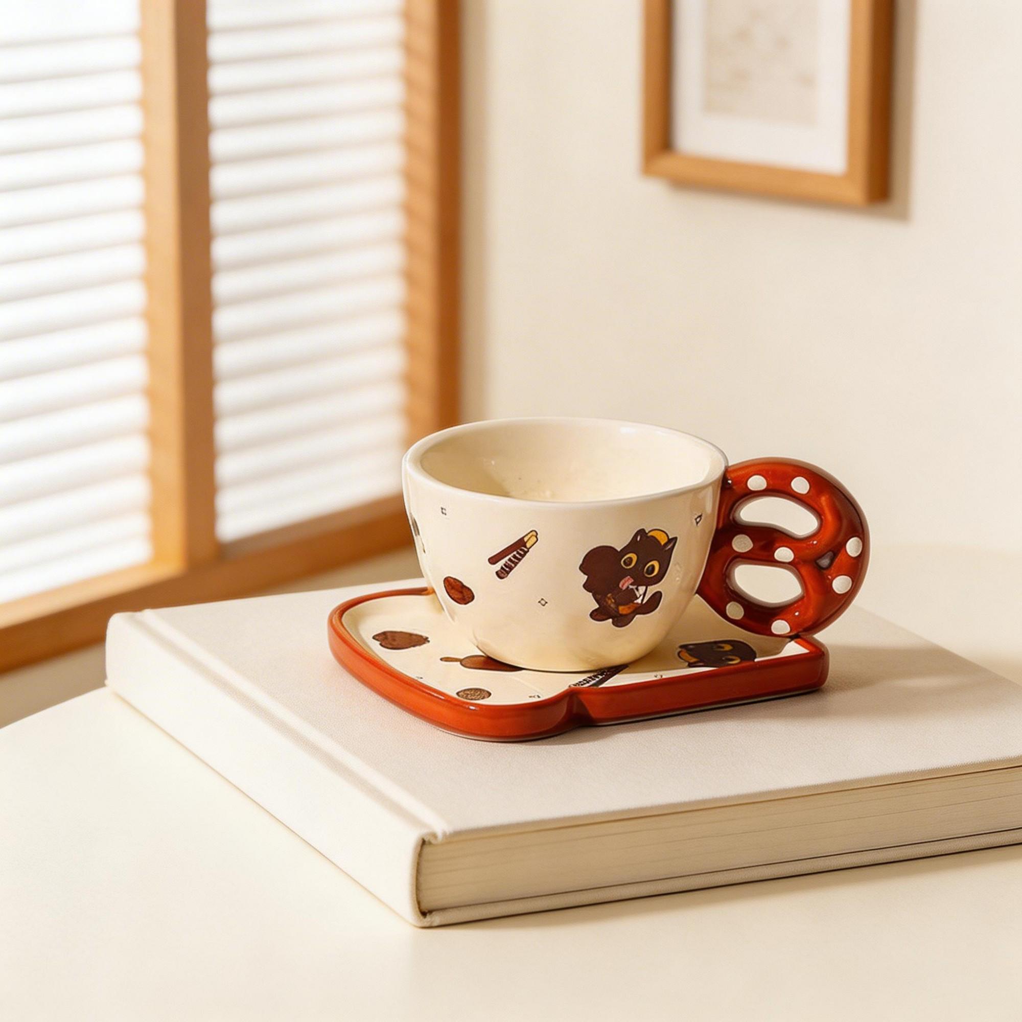 Black Cat Pretzel Handle Ceramic Coffee Cup & Saucer Set – Polka Dot Sculptural Handle Design