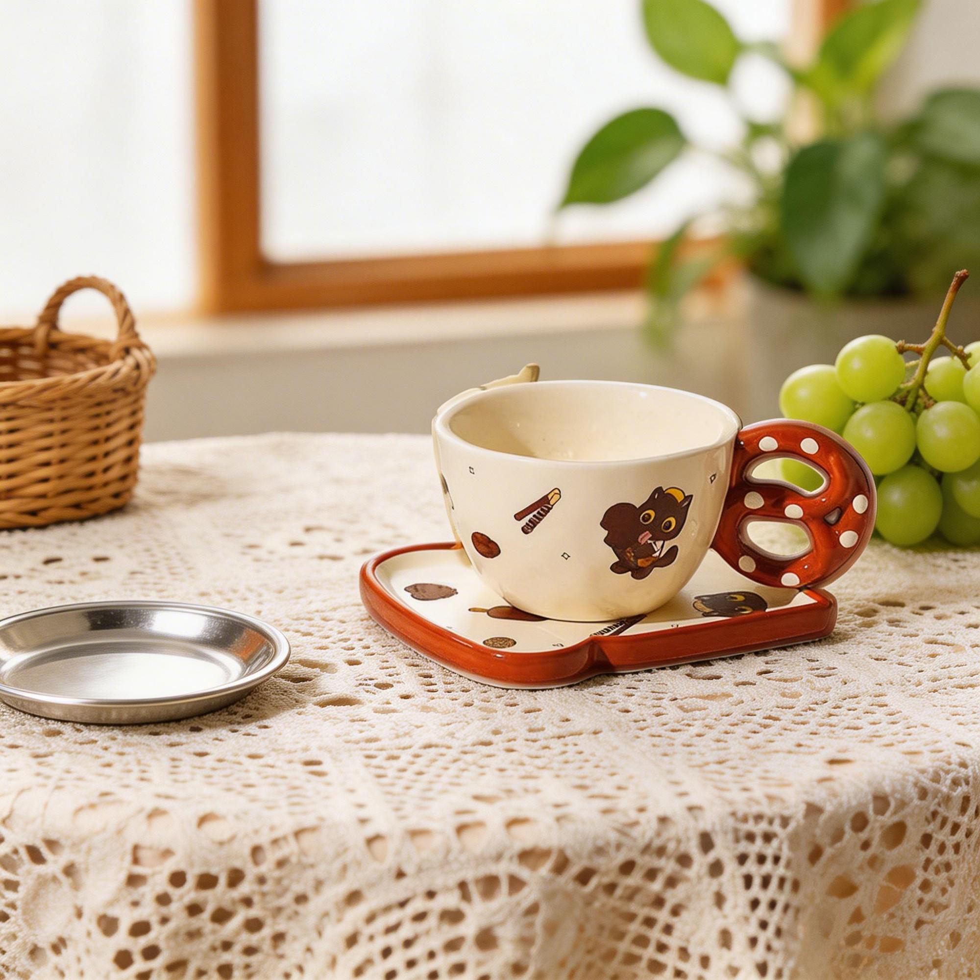 Black Cat Pretzel Handle Ceramic Coffee Cup & Saucer Set – Polka Dot Sculptural Handle Design - Image 2