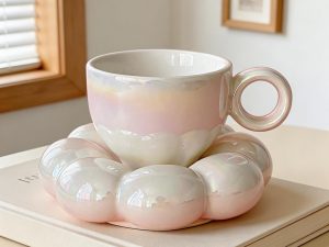 Pink Pearl Bubble Flower Ceramic Coffee Cup & Saucer Set – Round Ring Handle Petal Design