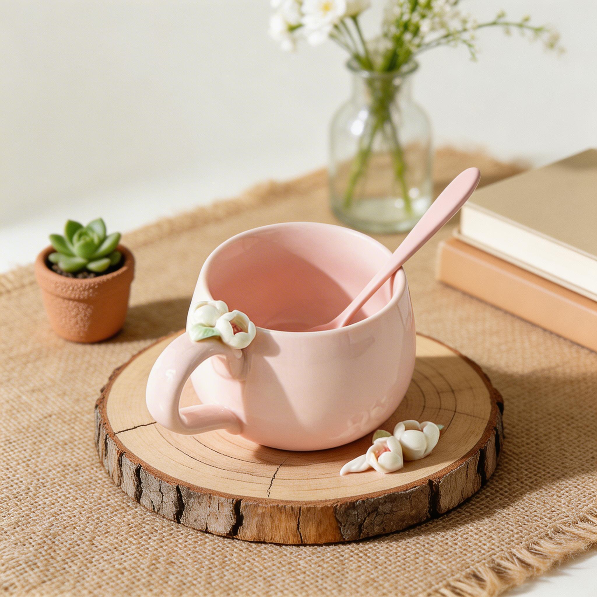 Pink Blossom Petal-Shaped Ceramic Coffee Cup & Saucer Set – Sculpted Flower Accent Design - Image 5