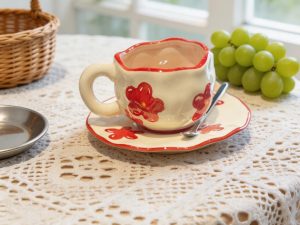 Red Poppy Wavy Rim Ceramic Coffee Cup & Saucer Set – Hand-Painted Floral Scalloped Design