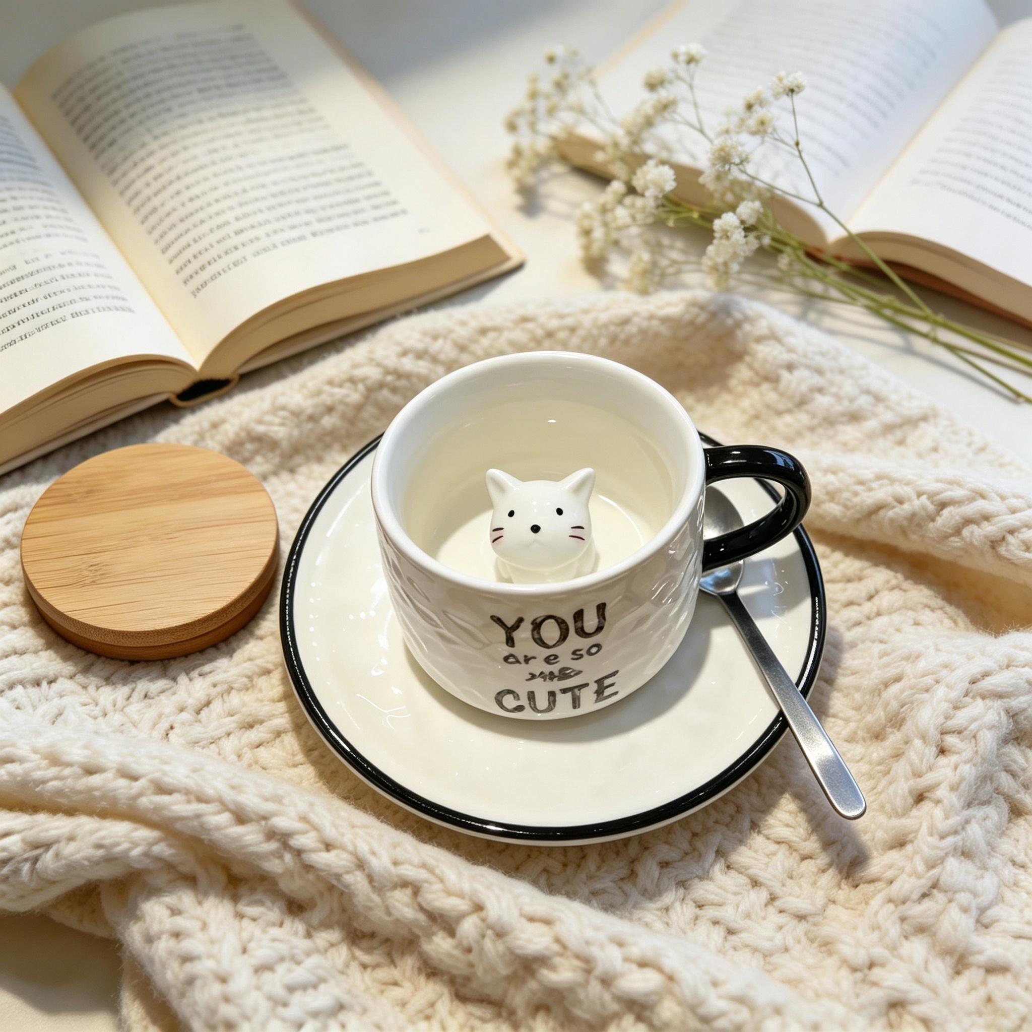Peekaboo Cat Ceramic Coffee Cup & Saucer Set – 3D Kitty Inside Cup Black Rim Design