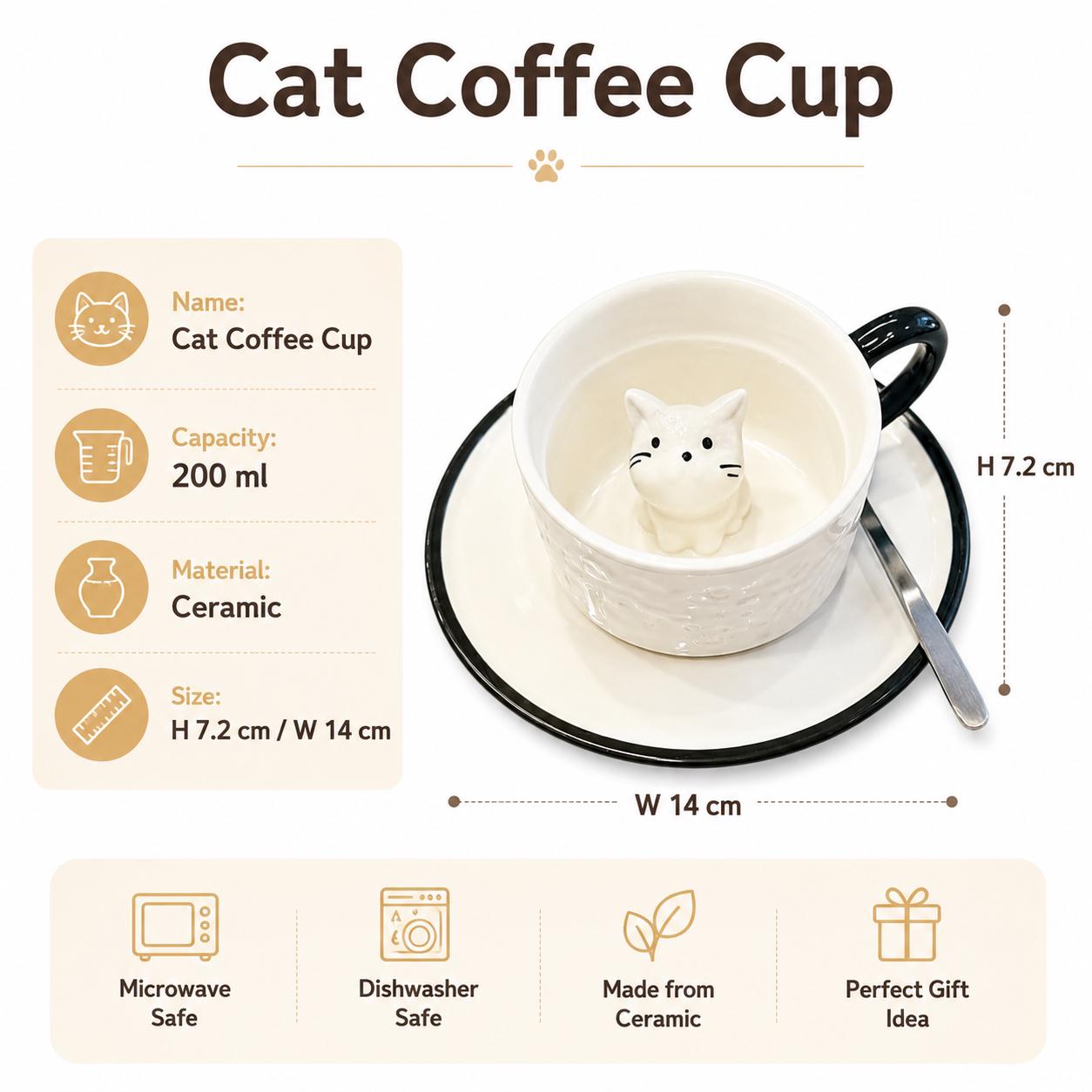 Peekaboo Cat Ceramic Coffee Cup & Saucer Set – 3D Kitty Inside Cup Black Rim Design - Image 4