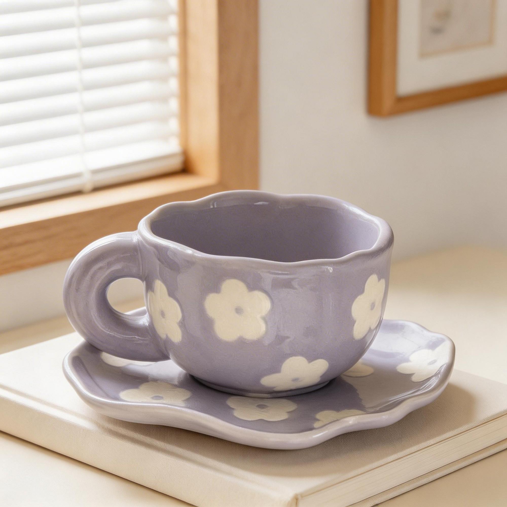 Lavender Wavy Blossom Ceramic Coffee Cup & Saucer Set – Sculpted Flower Scalloped Design - Image 3
