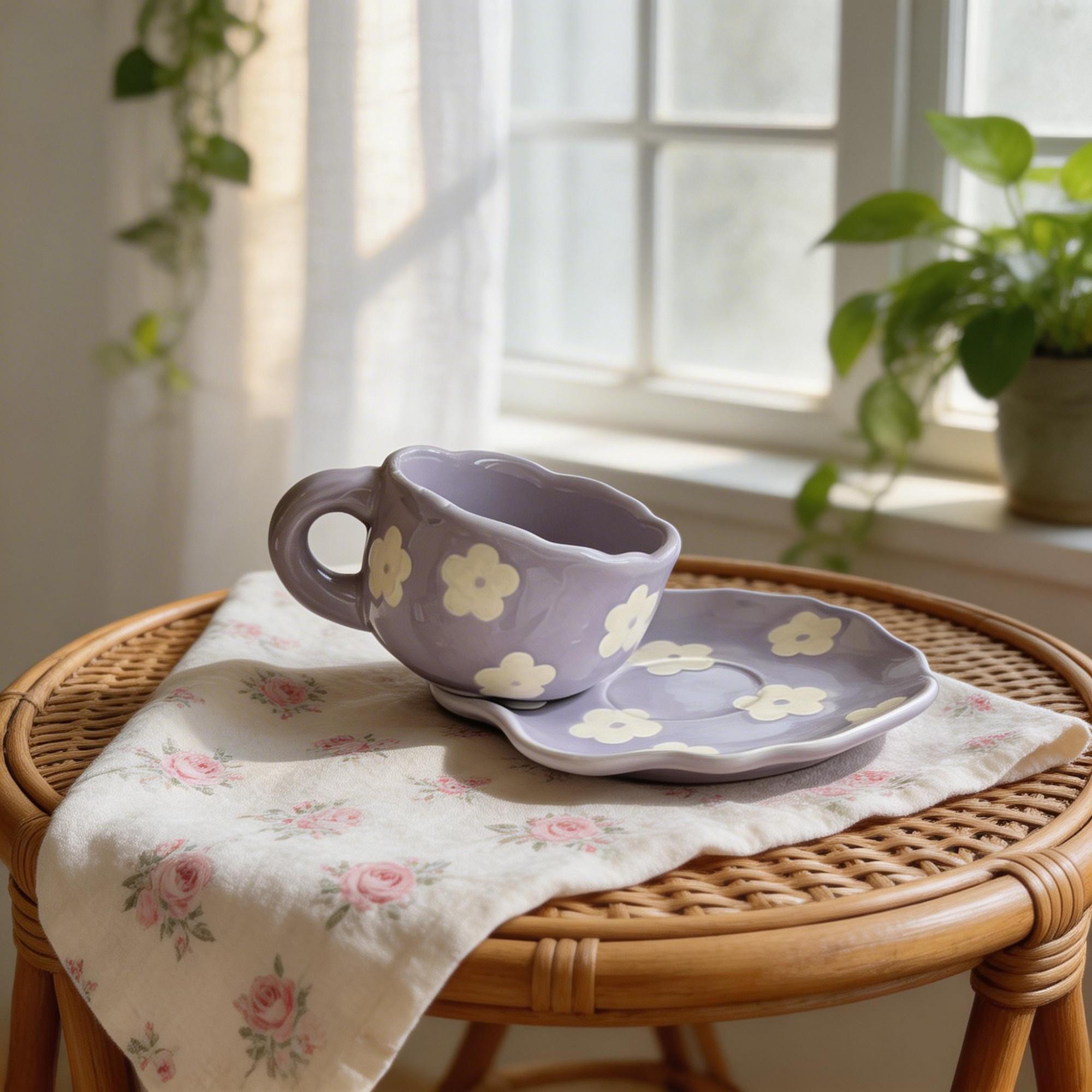 Lavender Wavy Blossom Ceramic Coffee Cup & Saucer Set – Sculpted Flower Scalloped Design - Image 2
