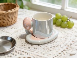 Metallic Silver Cylinder Ceramic Coffee Cup & Cloud Saucer Set – Pink Sculptural Handle Design