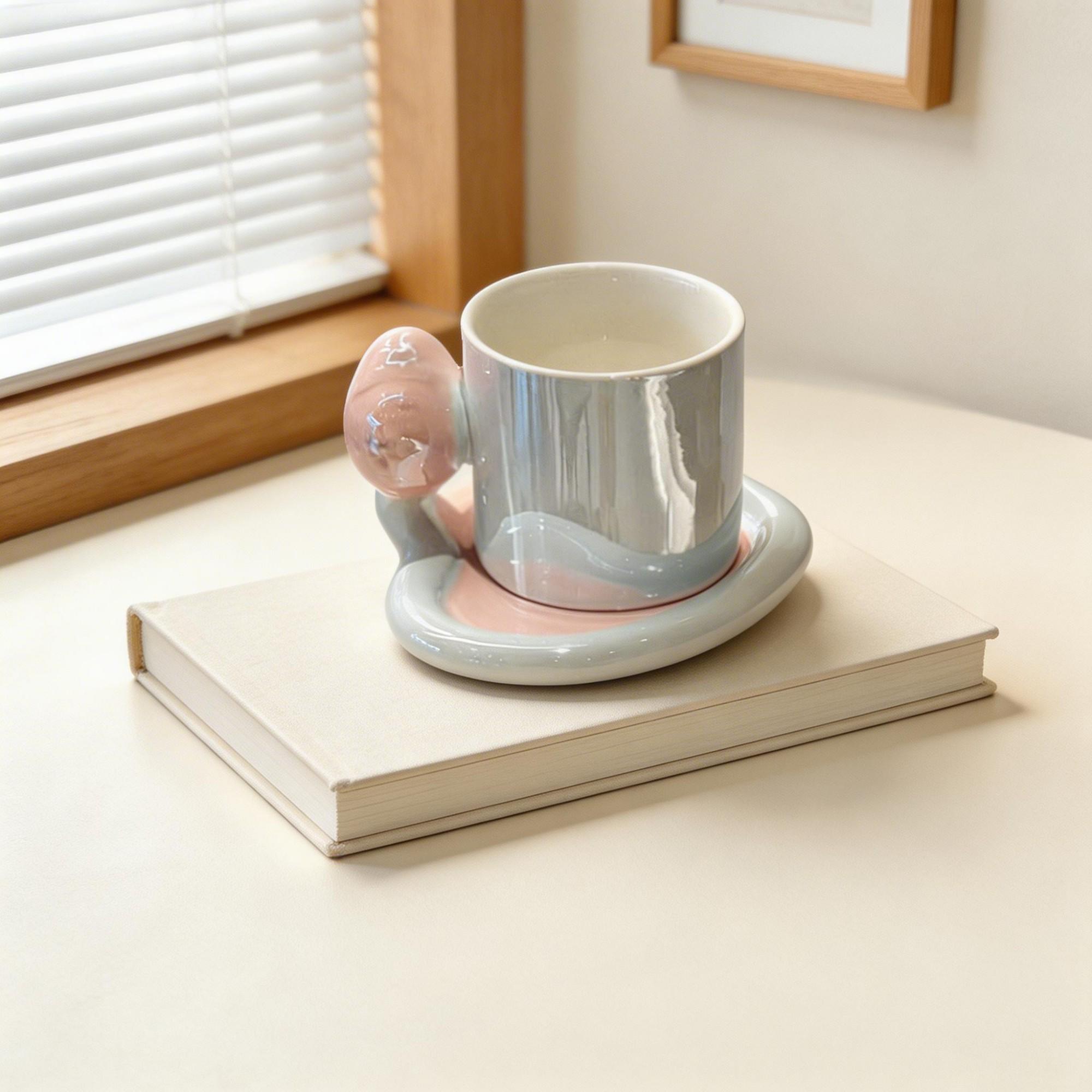 Metallic Silver Cylinder Ceramic Coffee Cup & Cloud Saucer Set – Pink Sculptural Handle Design - Image 2