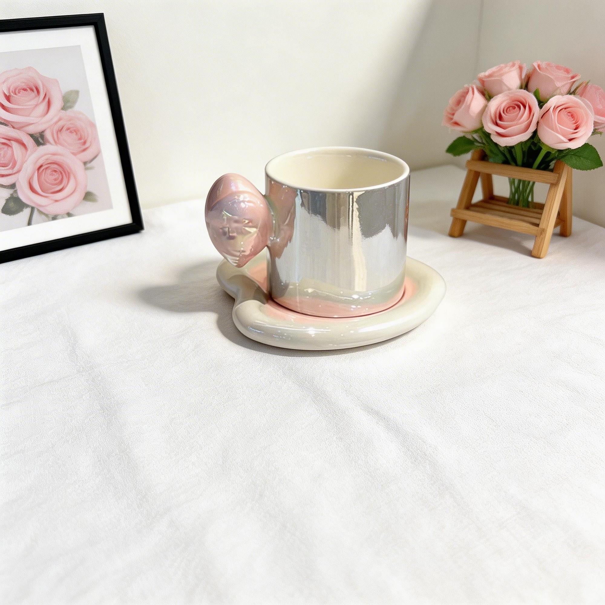Metallic Silver Cylinder Ceramic Coffee Cup & Cloud Saucer Set – Pink Sculptural Handle Design - Image 3