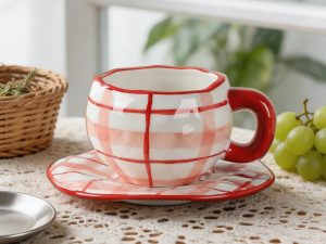 Pink Plaid Barrel-Shaped Ceramic Coffee Cup & Saucer Set – Rounded Checkered Handle Design