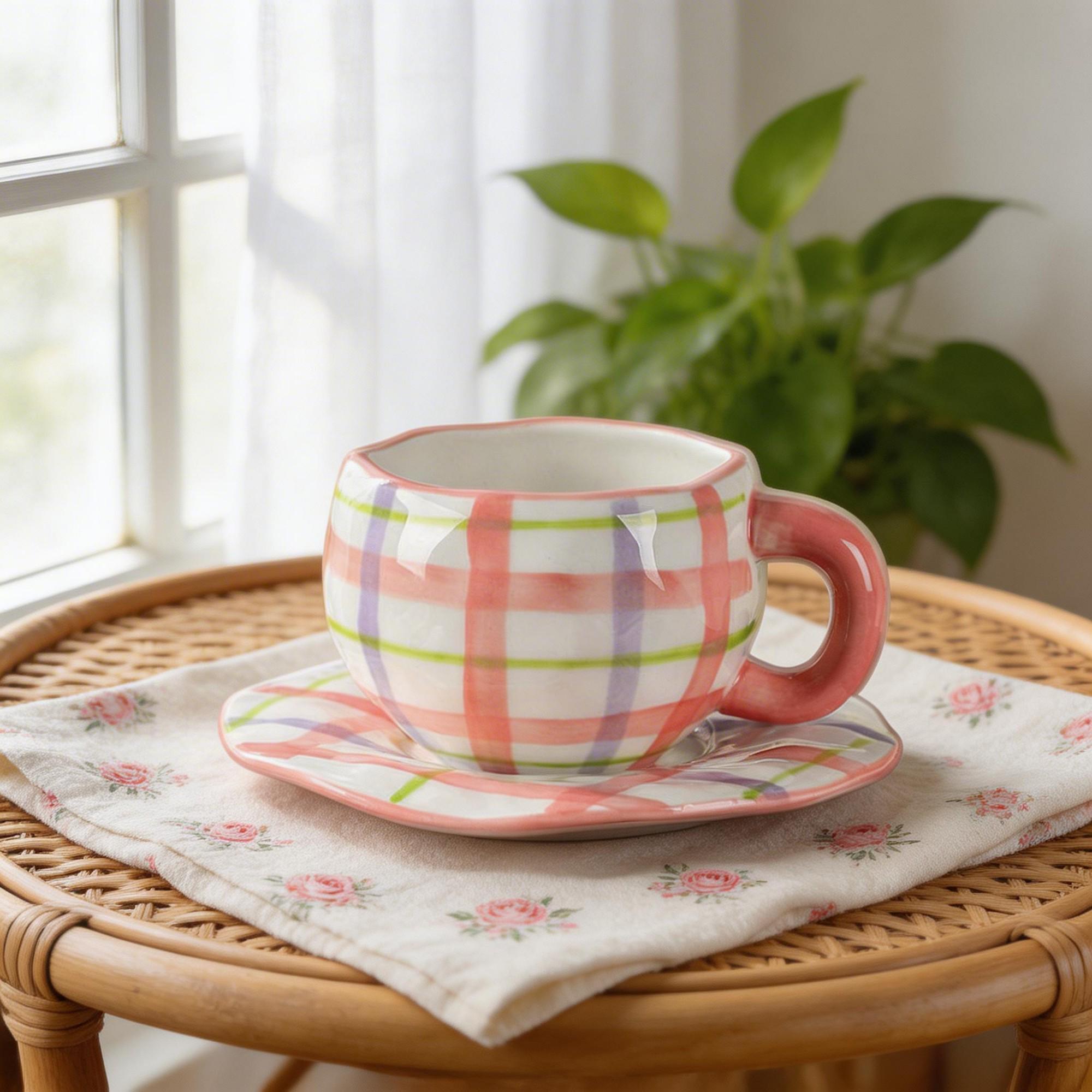 Pink Plaid Barrel-Shaped Ceramic Coffee Cup & Saucer Set – Rounded Checkered Handle Design - Image 4