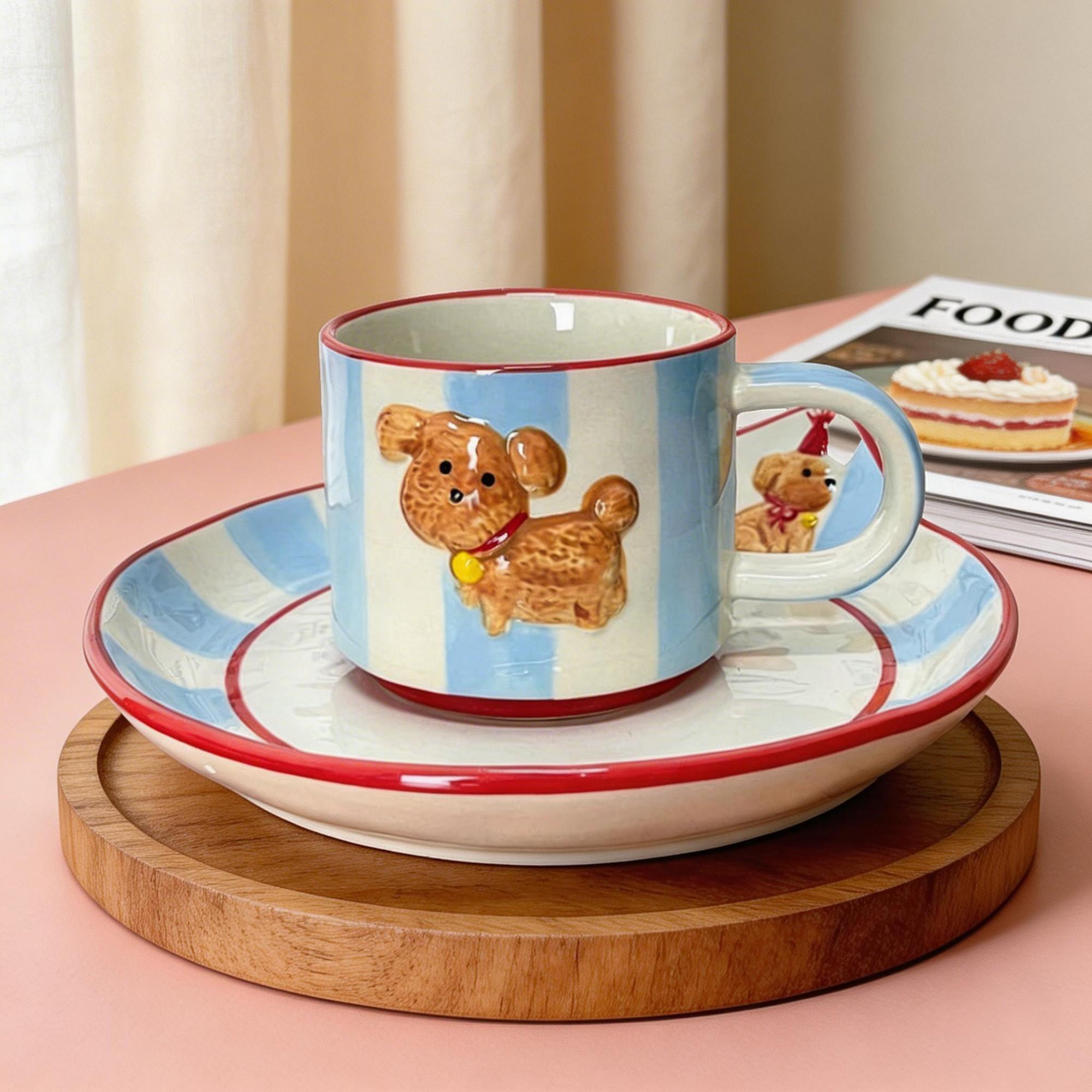 Blue Striped Puppy Ceramic Coffee Cup & Saucer Set – Raised Dog Figure Round Handle Design