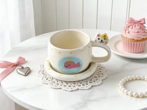 Cat Ear Handle Whale Ceramic Coffee Cup & Saucer Set