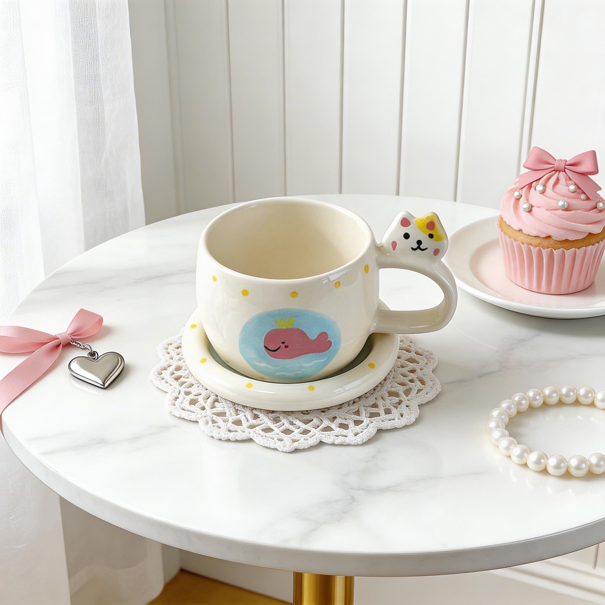 Cat Ear Handle Whale Ceramic Coffee Cup & Saucer Set