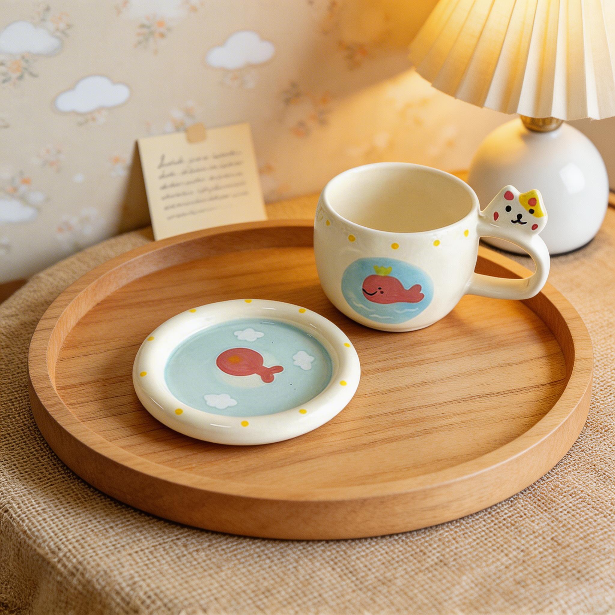 Cat Ear Handle Whale Ceramic Coffee Cup & Saucer Set - Image 3