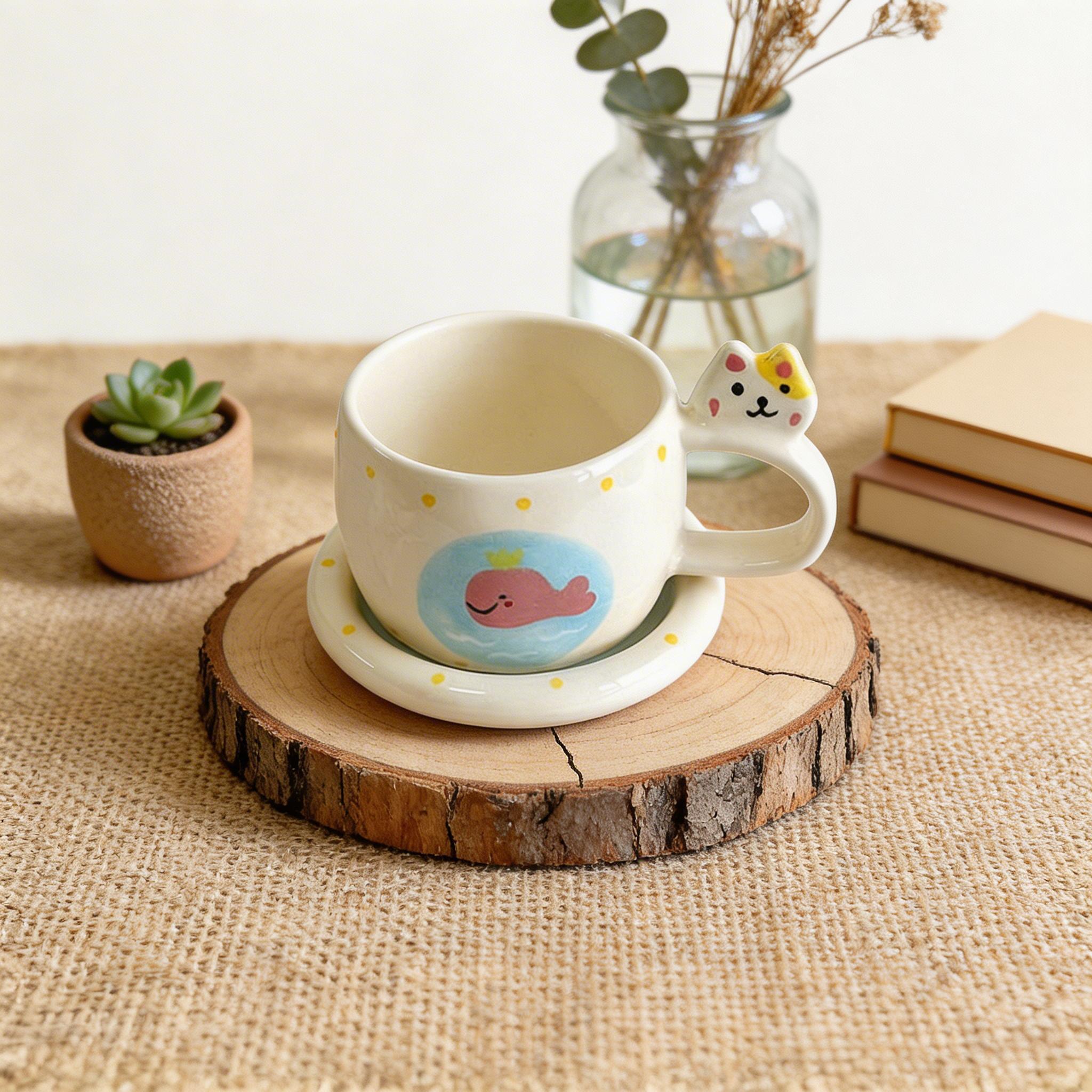 Cat Ear Handle Whale Ceramic Coffee Cup & Saucer Set - Image 4