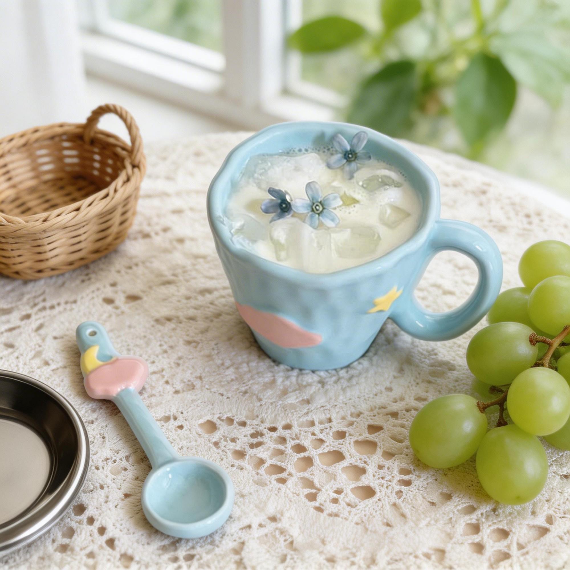 Blue Cloud Star Wavy Rim Ceramic Coffee Cup & Flower Saucer Set – Sculpted Sky Design - Image 2