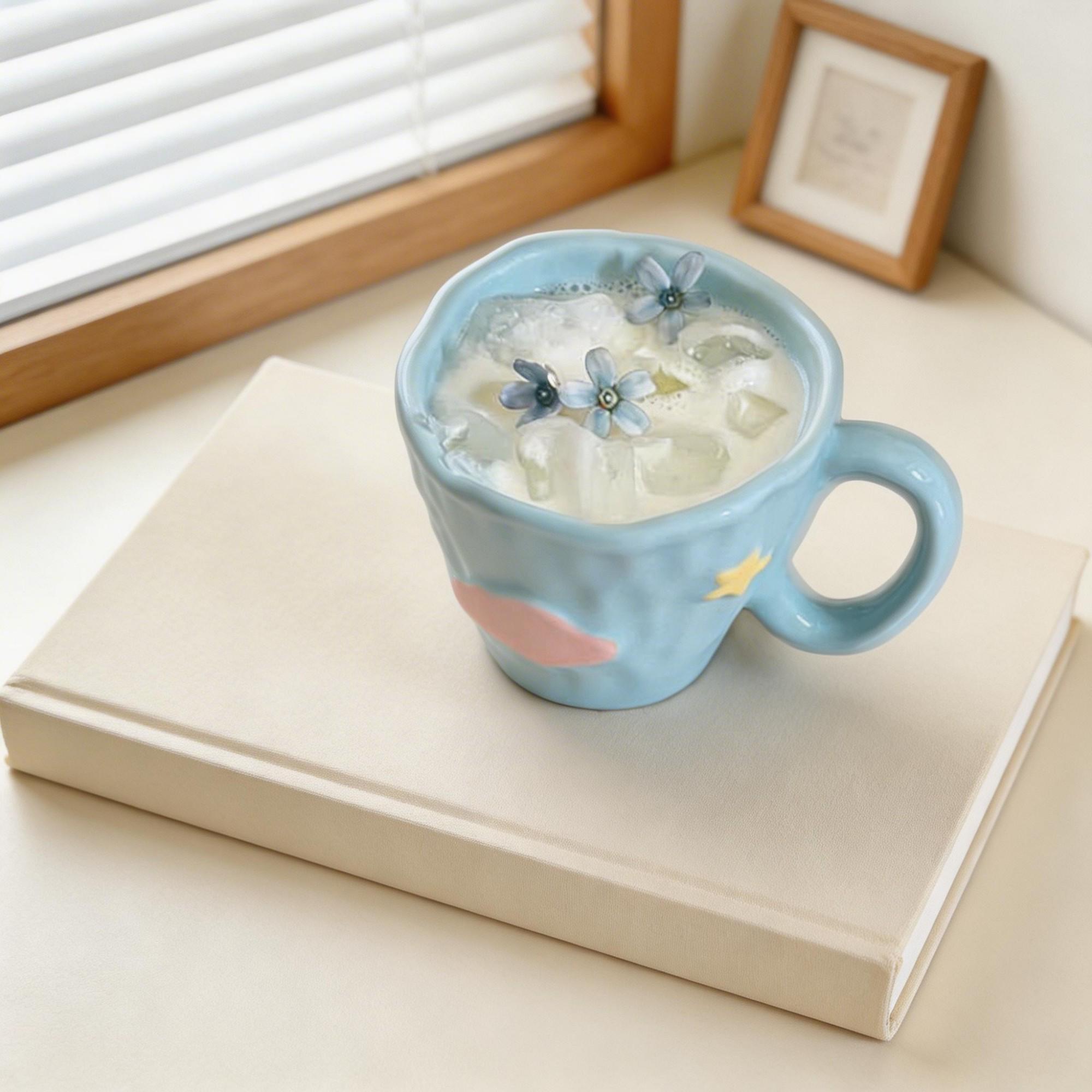 Blue Cloud Star Wavy Rim Ceramic Coffee Cup & Flower Saucer Set – Sculpted Sky Design - Image 5
