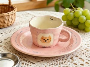 Pink Rounded Cat Toast Ceramic Coffee Cup & Saucer Set – Wide Low Cup with Oversized Round Saucer