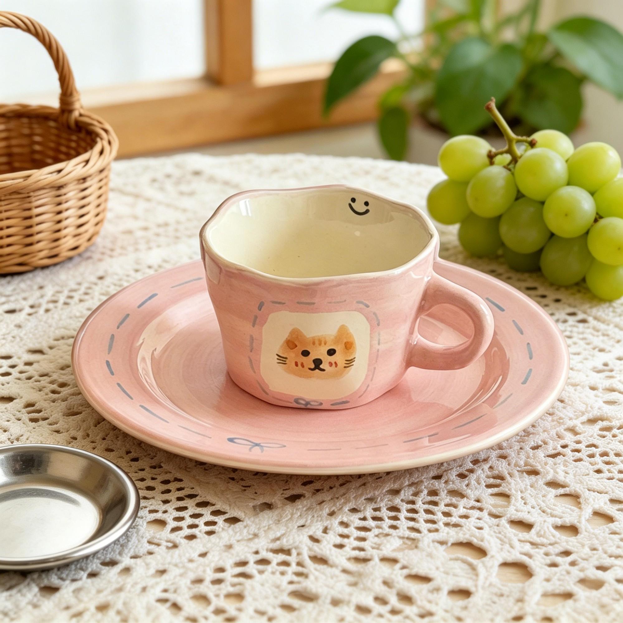 Pink Rounded Cat Toast Ceramic Coffee Cup & Saucer Set – Wide Low Cup with Oversized Round Saucer