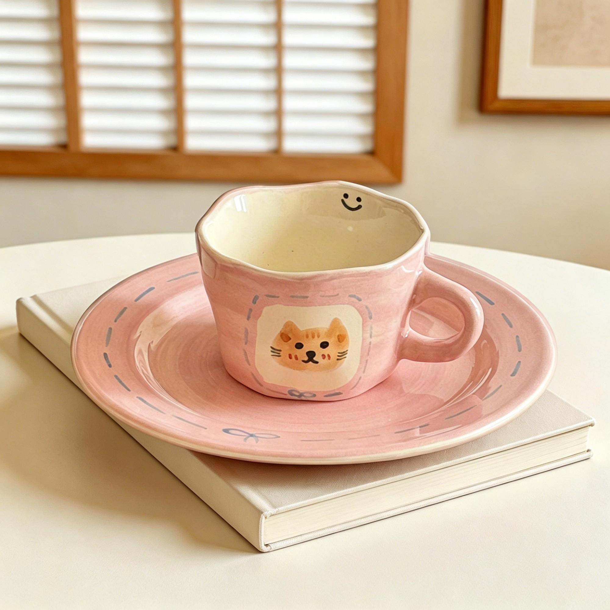Pink Rounded Cat Toast Ceramic Coffee Cup & Saucer Set – Wide Low Cup with Oversized Round Saucer - Image 4