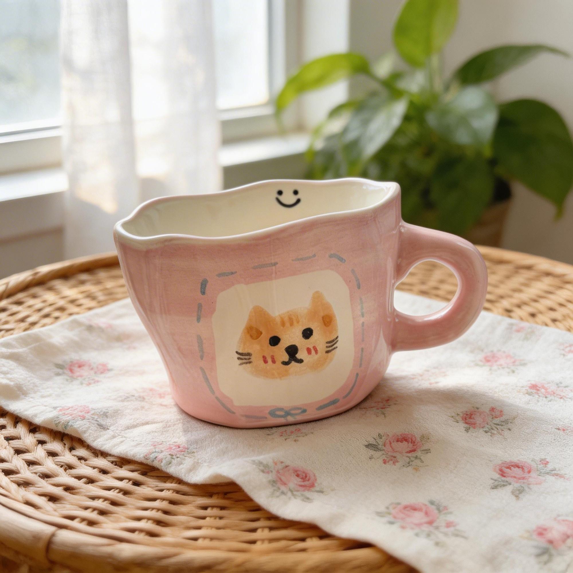 Pink Rounded Cat Toast Ceramic Coffee Cup & Saucer Set – Wide Low Cup with Oversized Round Saucer - Image 3