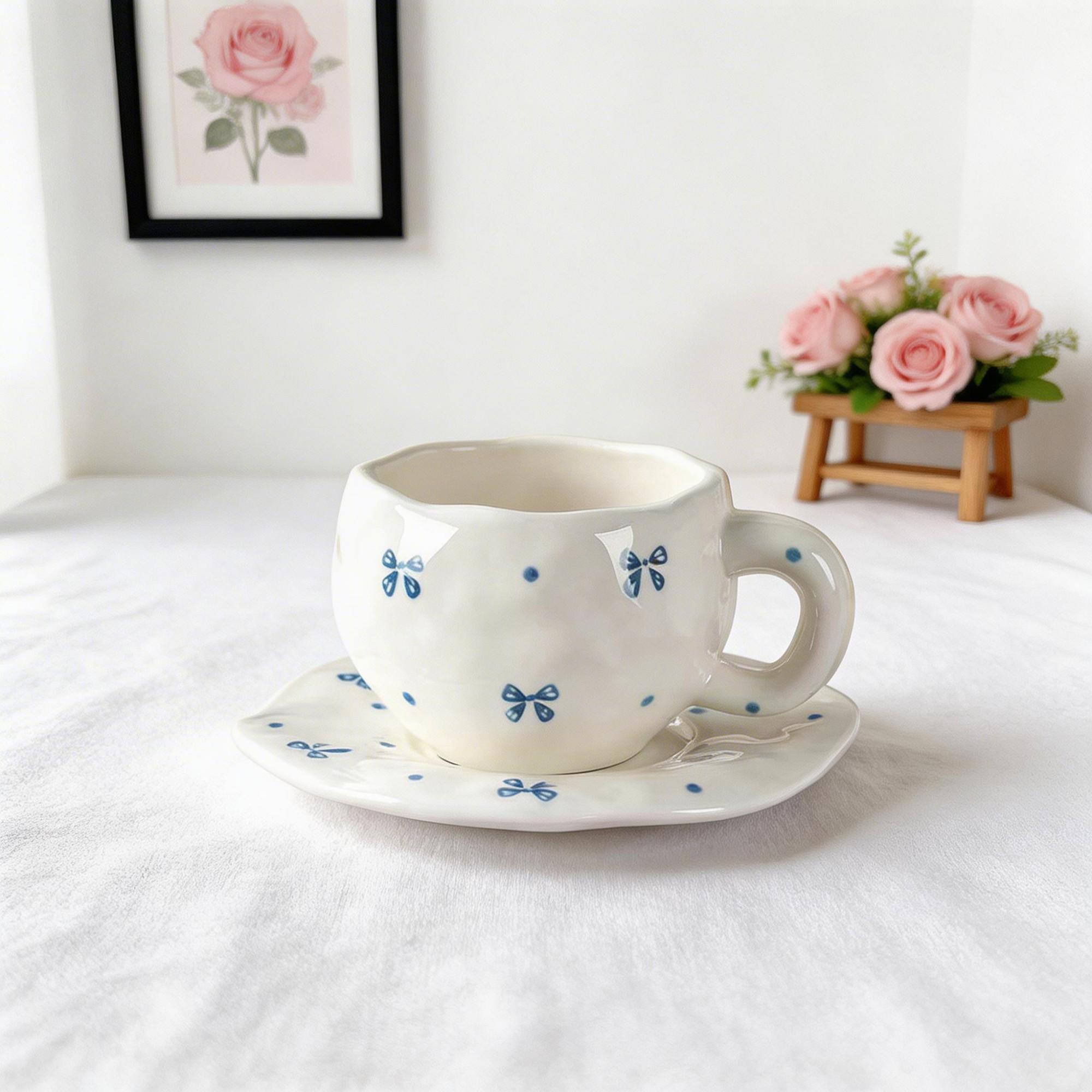 Blue Wildflower Bubble Ceramic Coffee Cup & Saucer Set – Rounded Wavy Rim Floral Design - Image 2