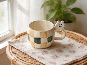 Checkered Puppy Handle Ceramic Coffee Cup & Yellow Saucer Set – Rounded Dog Ear Mug Design