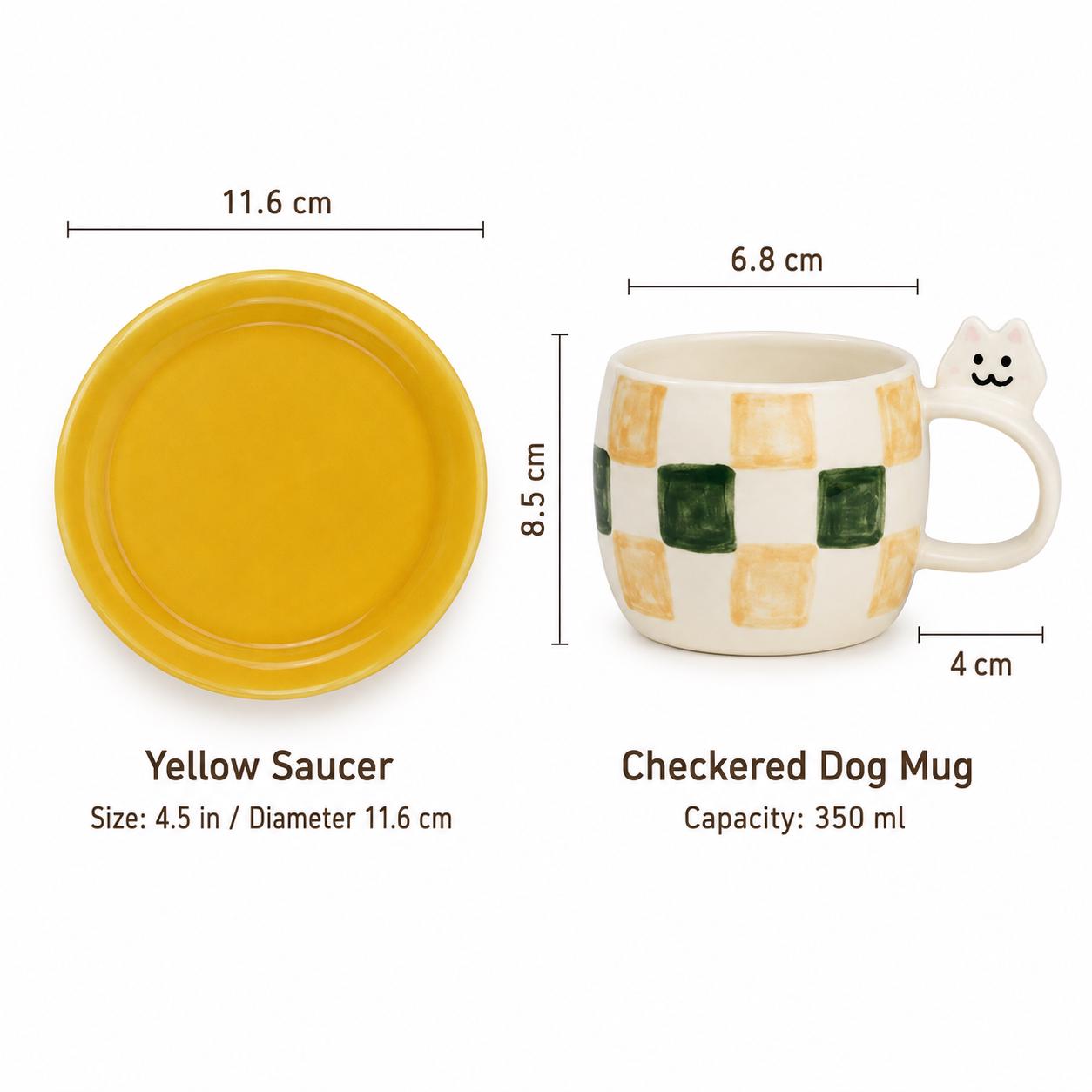 Checkered Puppy Handle Ceramic Coffee Cup & Yellow Saucer Set – Rounded Dog Ear Mug Design - Image 3